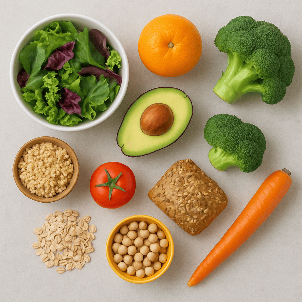Alimente sănătoase: legume, fructe și cereale integrale.